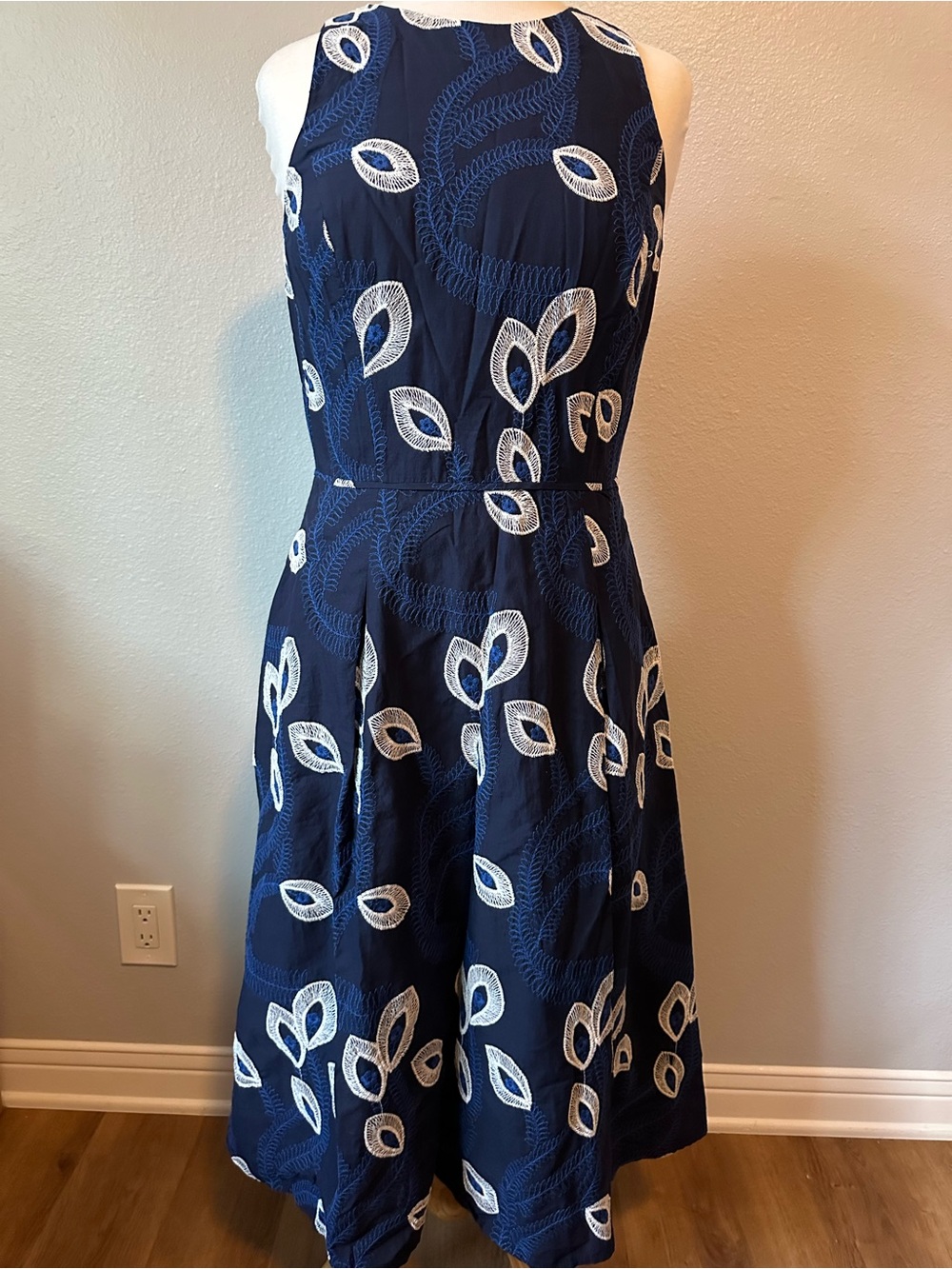 Tahari Navy Midi Dress with White Leaf Embroidery